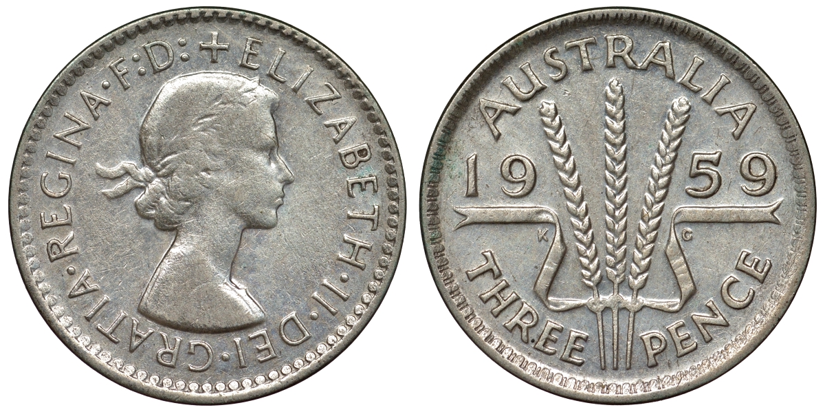 Австралия 3 пенса 1959 m, Елизавета II (1952-2022) KM 57 серебро 71-621