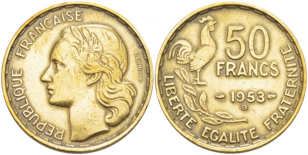 ФРАНЦИЯ 50 ФРАНКОВ 1953 В KM 918.2 алюминиевая бронза 4403-1134