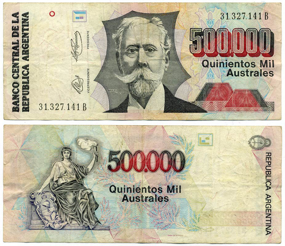 АРГЕНТИНА 500000 АУСТРАЛЕЙ 1991 СЕРИЯ B, НОМЕР 31327, МАНУЭЛЬ КИНТАНА, ПОДПИСИ FELIPE R. MUROLO - ROQUE B. FERNANDEZ Pick 338, Bottero 2903 бумага VF- 8613-61-3