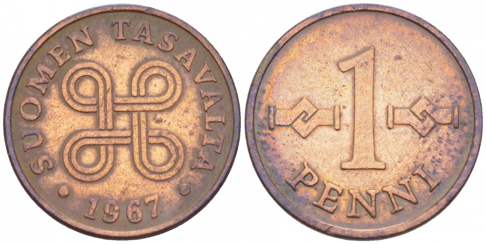 Финляндия 1 пенни 1967 KM 44 медь 3996-1031