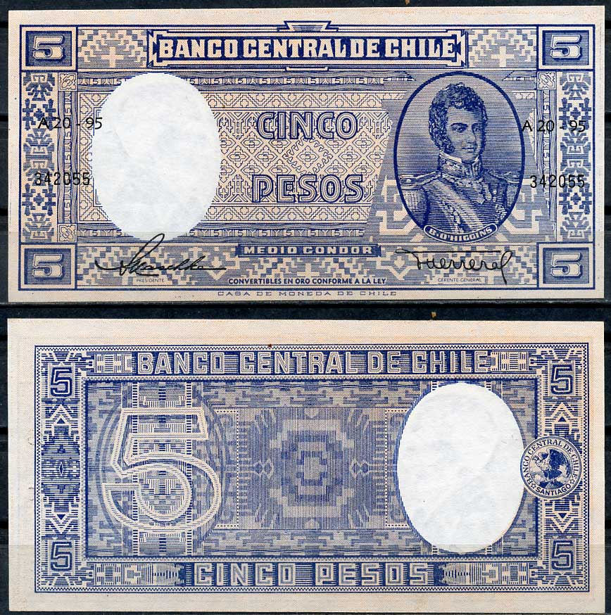 Чили 5 эскудо ND (1959-1959) Бернардо О’Хиггинс Pick 119 (1)  бумага  UNC (пресс) 447-80-3
