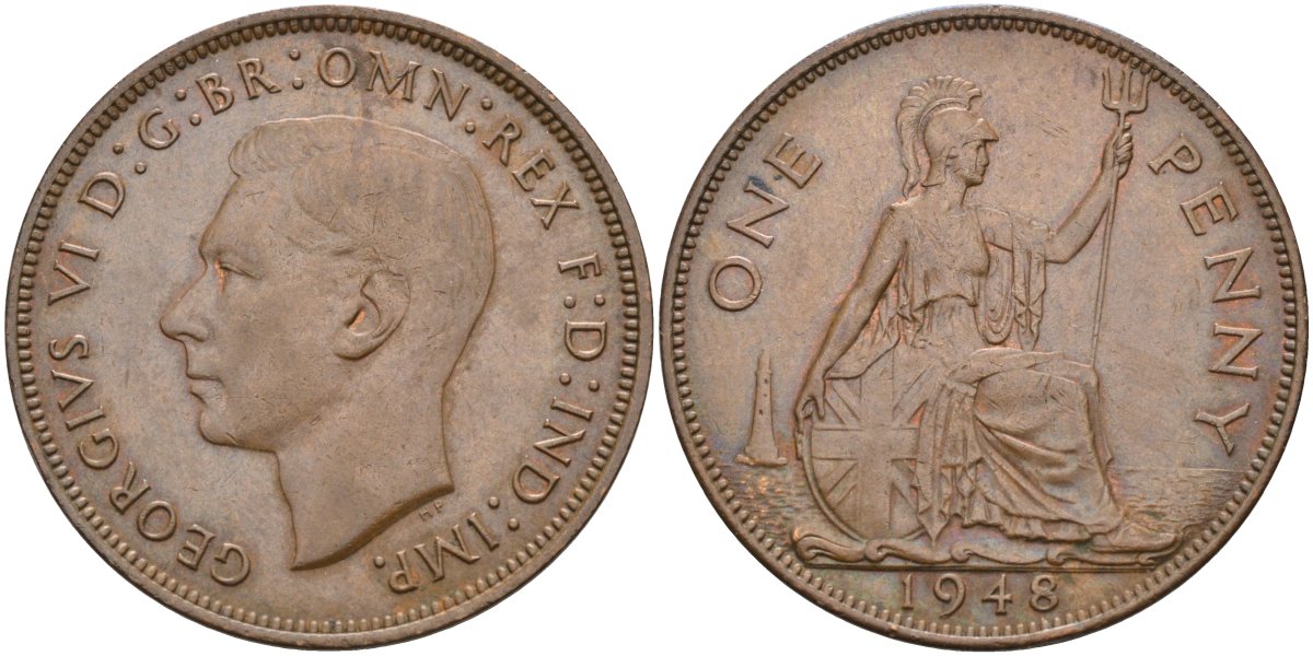Великобритания 1 пенни 1948 Георг VI (1936-1952) KM 845, Spink 4114 бронза 4117-1235
