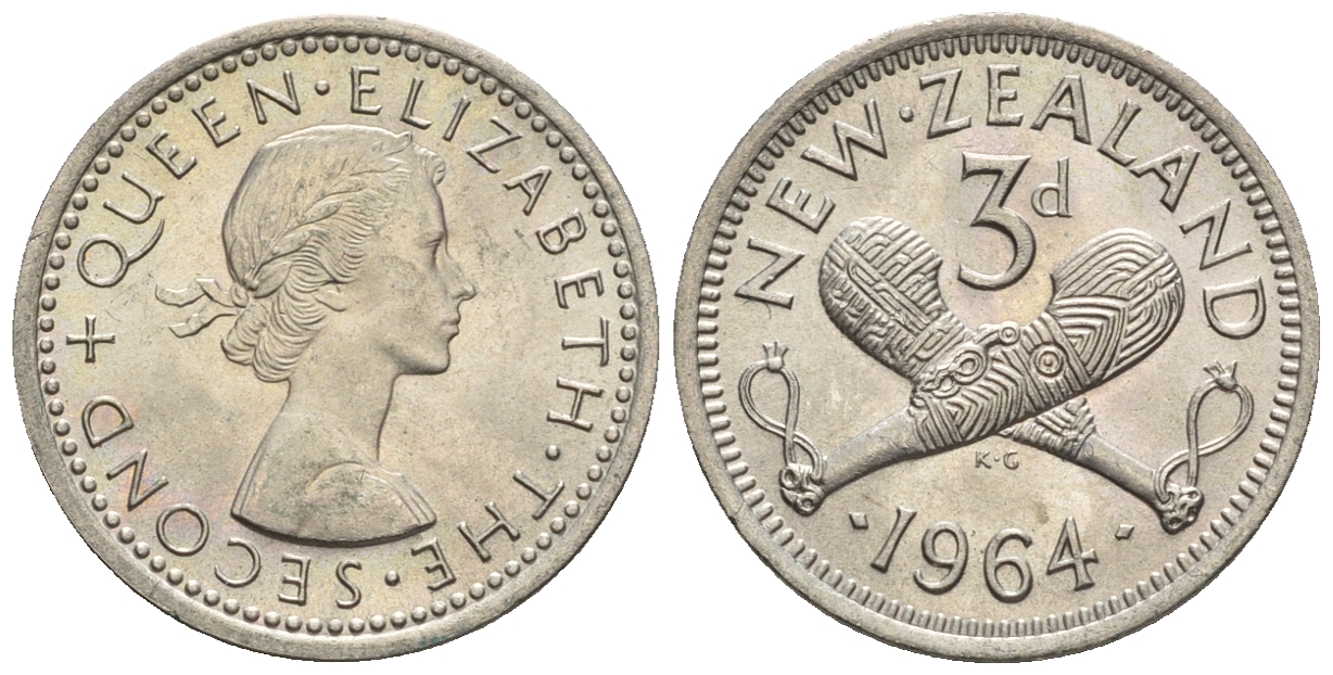 Новая Зеландия 3 пенса 1965 Елизавета II (1952-2022), пату (боевая палица) KM 25.2 медно-никель  aUNC  220-943