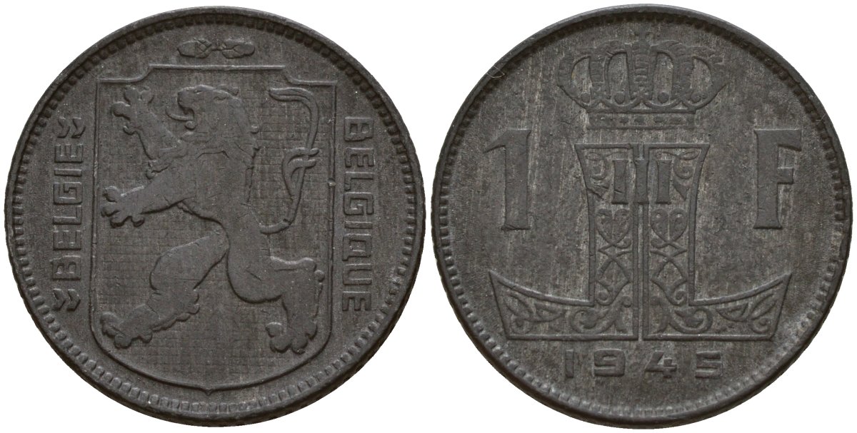 Бельгия 1 франк 1945 Belgie - Belgique, Леопольд III (1934-1947), германская оккупация, Вторая мировая война KM 128 цинк 4161-555