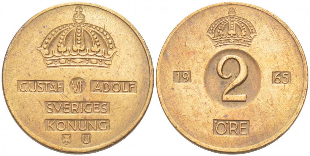 Швеция 2 эре 1965 U, Густав VI Адольф (1950-1973) КМ 821 бронза 77-515