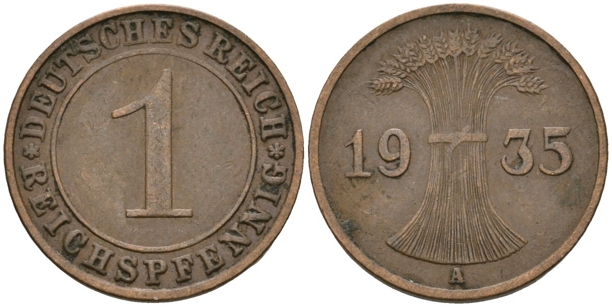 Германия 1 рейхспфенниг 1935 A KM 37, J. 313 бронза 4528-327