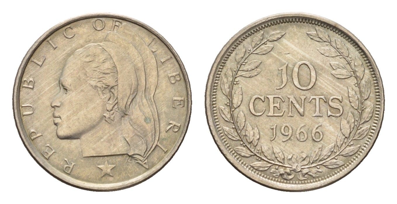 Либерия 10 центов 1966 год-тип KM 15a.1 медно-никель aUNC 4679-119