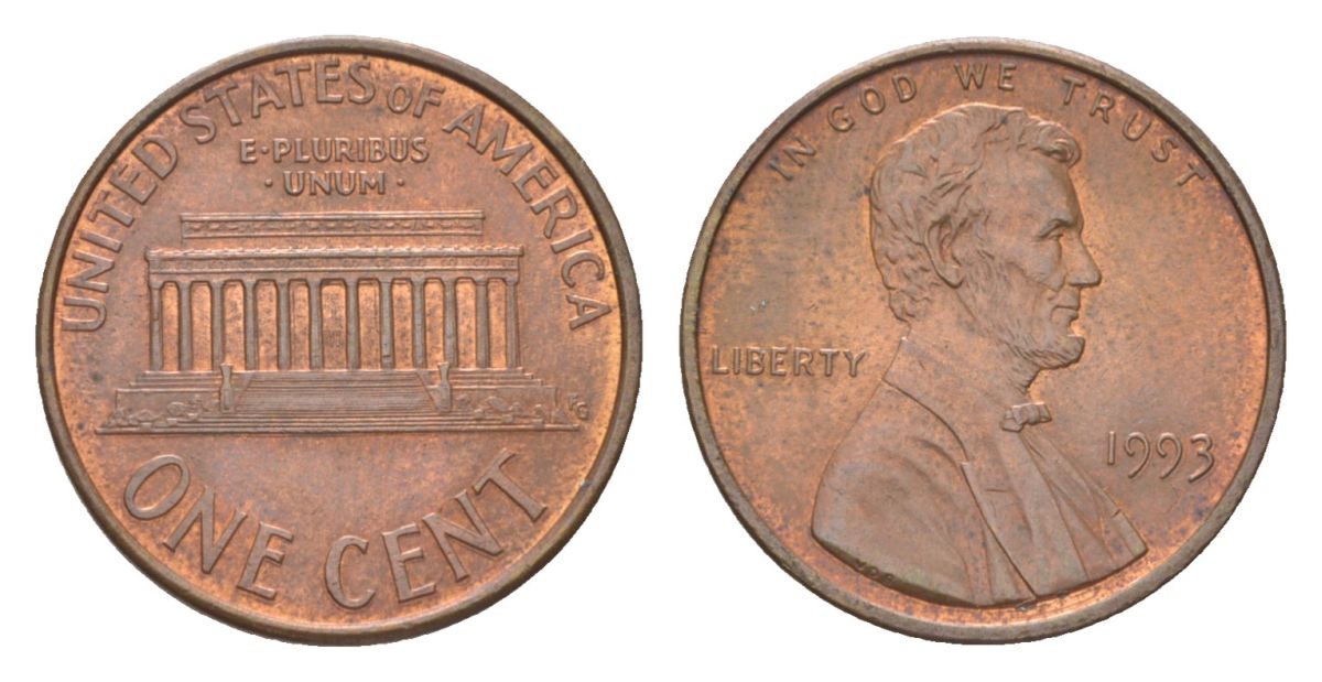 США 1 цент 1993 Авраам Линкольн KM 201b цинк плакированный медью aUNC 4627-1059