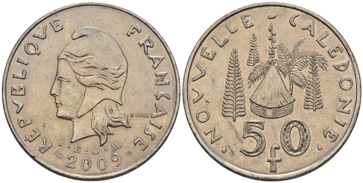 Французская Новая Каледония 50 франков 2009 хижина среди сосен и пальм, (IEOM) KM 13a, Schoen 15a, Lec 128i медно-никель 4111-914