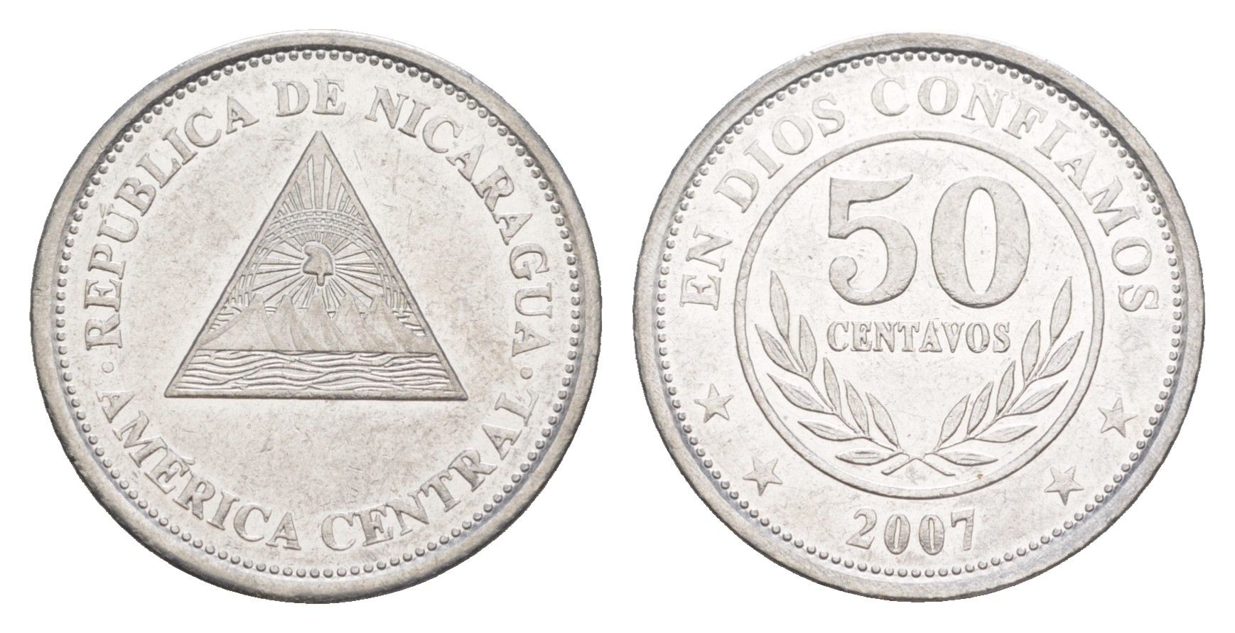 Никарагуа 50 сентаво 2007 KM 88b сталь плакированная никелем UNC 4640-1046