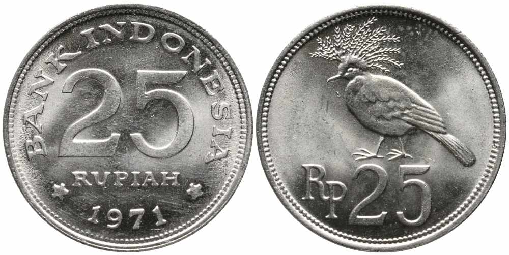 Индонезия 25 рупий 1971 венценосный голубь KM 34 медно-никель 87-127