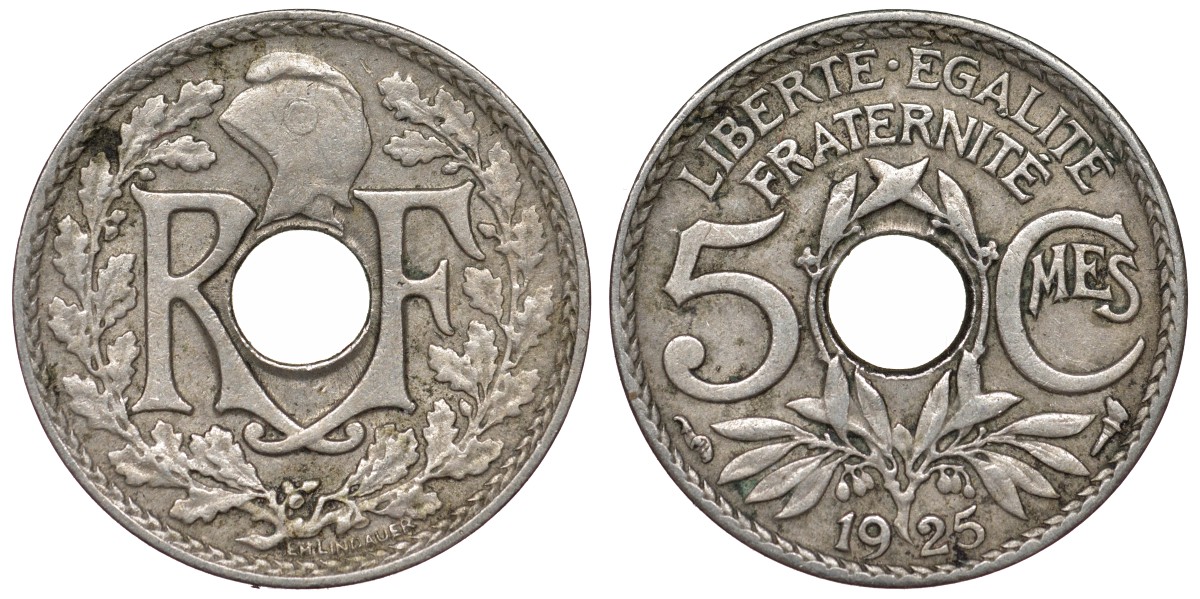 Франция 5 сантимов 1925 KM 875, Le Franc 122.10 медно-никель 4124-324