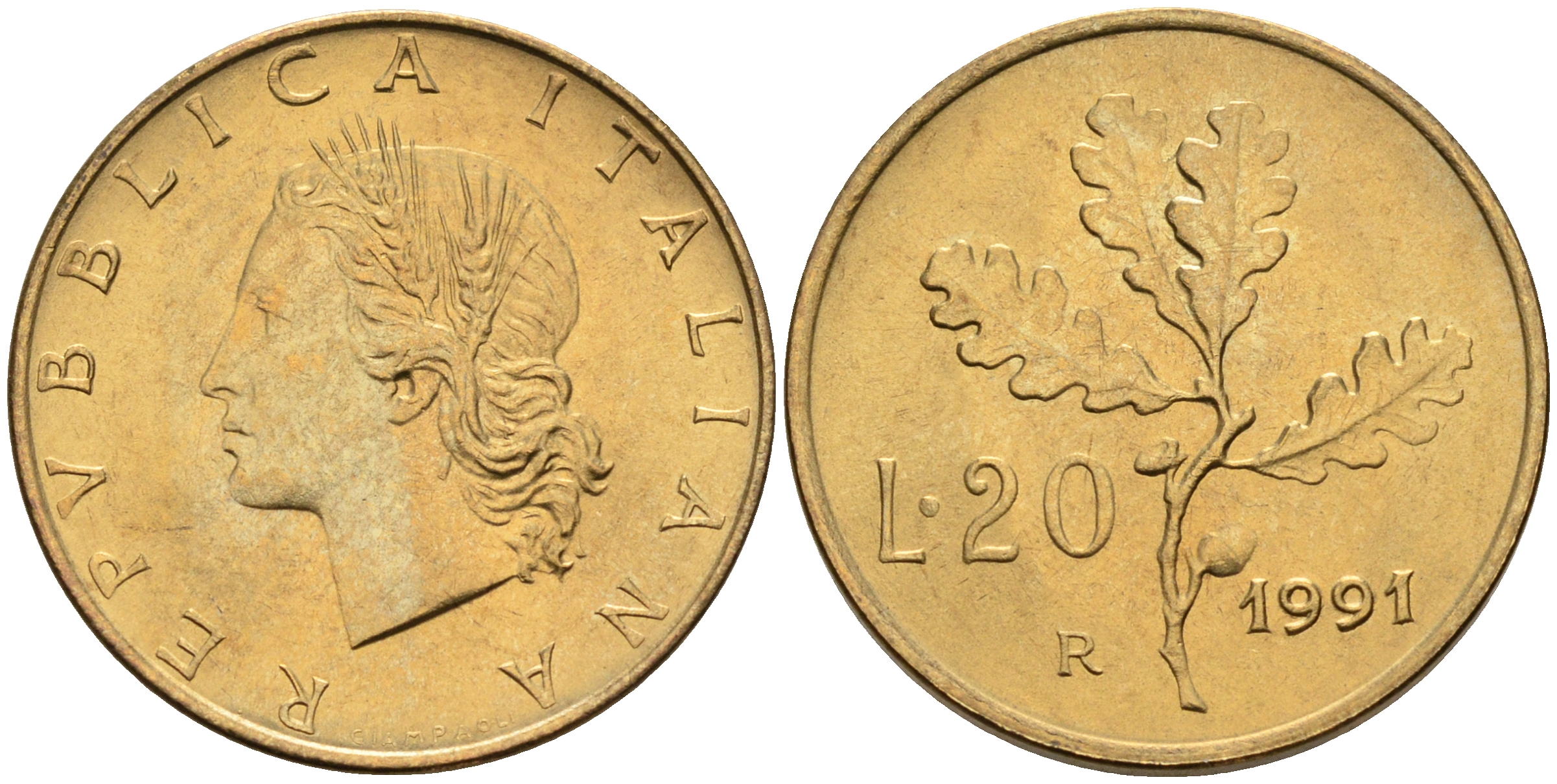 Италия 20 лир 1991 R, дубовый лист KM 97.2 алюминиевая бронза  UNC  4594-837