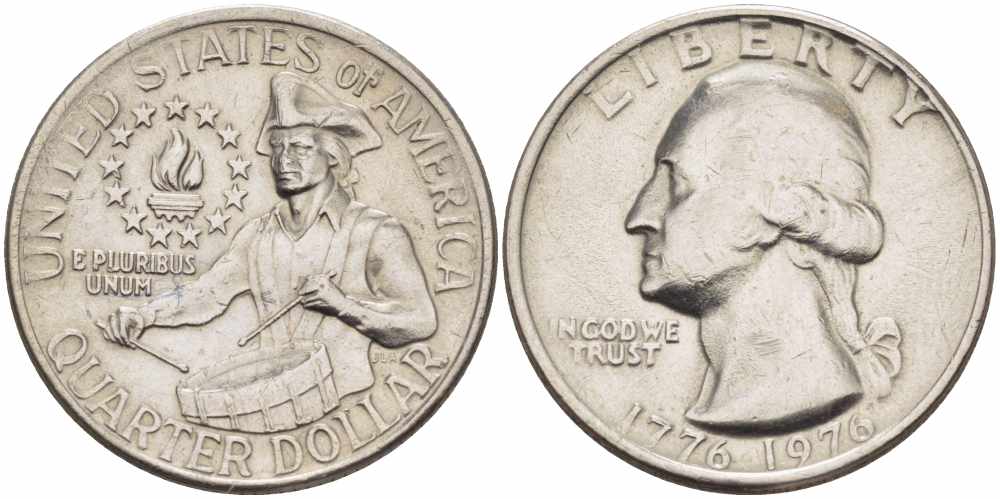 США 25 центов = квотер 1976 200 лет независимости (1776-1976), Вашингтон, барабанщик KM 204 медь плакированная медно-никелем 4364-2517