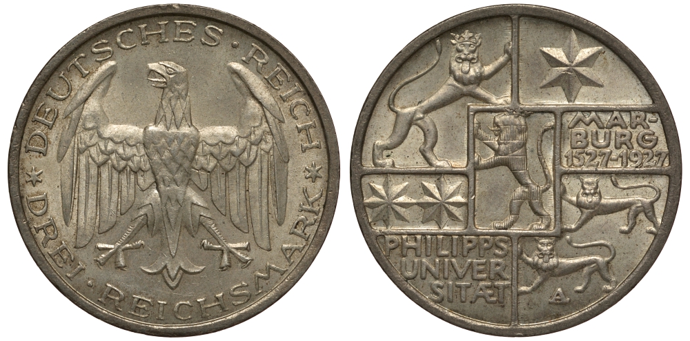 Германия 3 марки 1927 A, 400 лет Университету Марбурга J. 330, KM 53 серебро 00-819-08