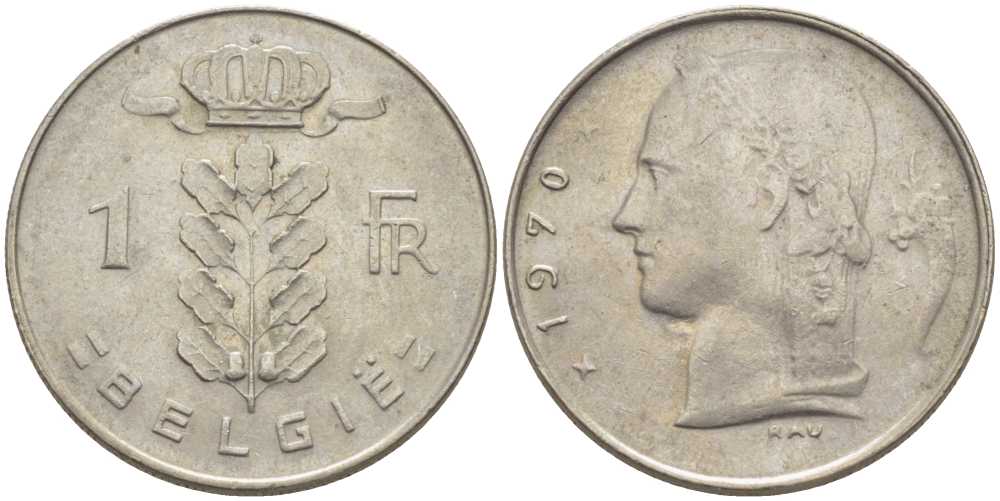 БЕЛЬГИЯ 1 ФРАНК 1970 BELGIE, БОДУЭН I (1951-1993) KM 143.1 медно-никель 119-617