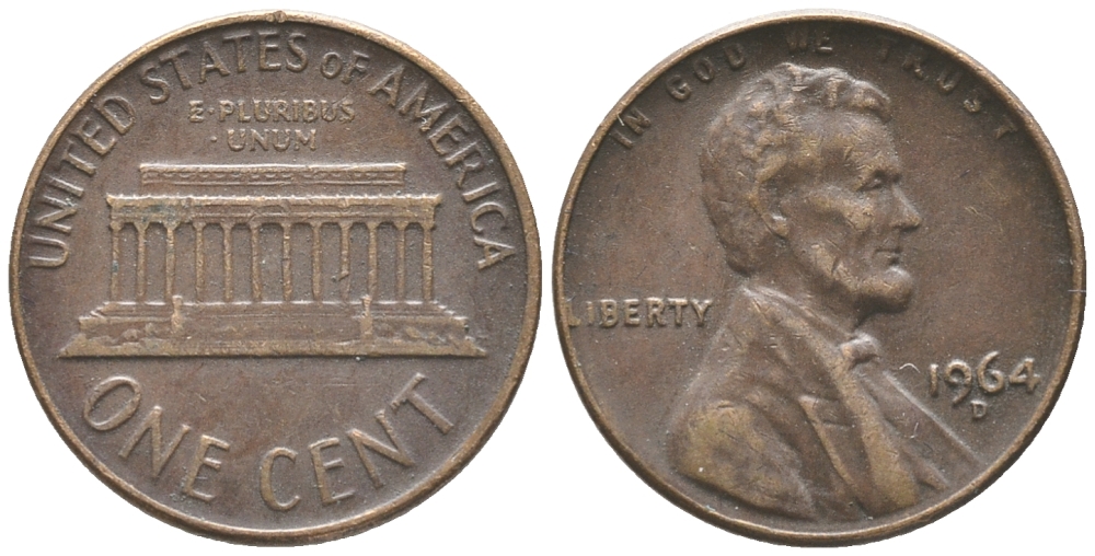 США 1 ЦЕНТ 1964 D, ЛИНКОЛЬН KM 201 медь цинк 100-1056