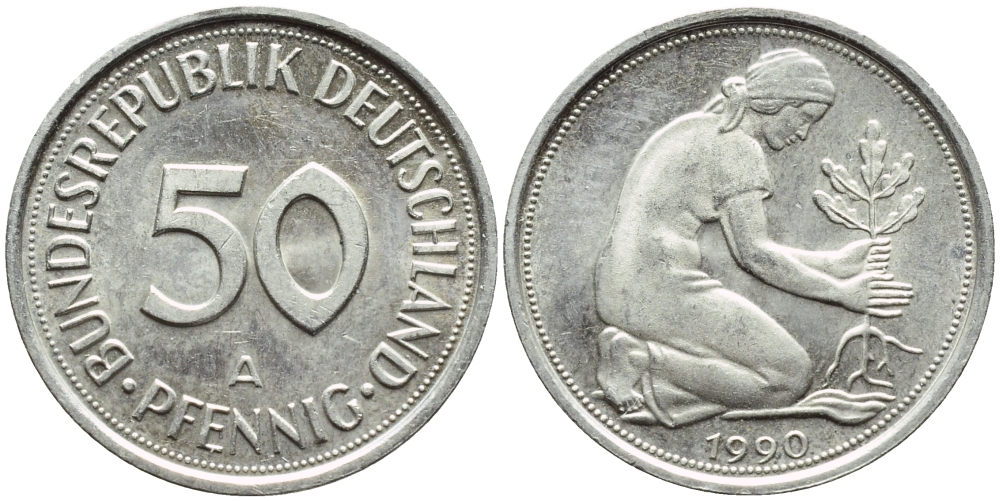 ФРГ 50 ПФЕННИГОВ 1990 A КМ 109.2 J.384a медно-никель UNC 4392-1056