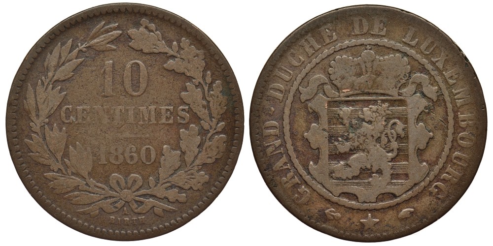 ЛЮКСЕМБУРГ 10 САНТИМОВ 1860 А, ГЕРЦОГ ВИЛЛЕМ III НИДЕРЛАНДСКИЙ (1849-1890), МОНДВОР ПАРИЖ КМ 23.2 бронза 4536-426