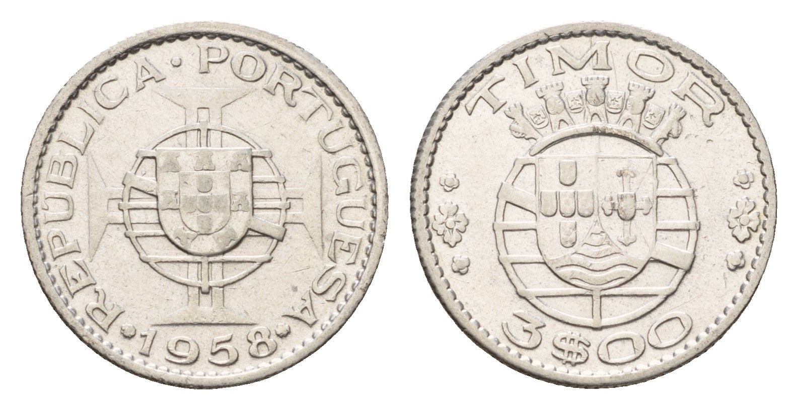 Португальский Тимор 3 эскудо 1958 год-тип KM 14 серебро 4669-767