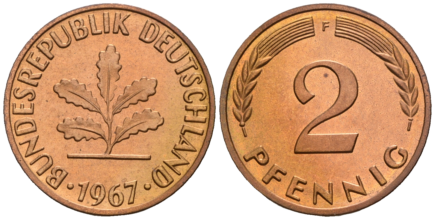 ФРГ 2 пфеннига 1967 F KM 106, J.381 бронза PROOF 1094-7-72