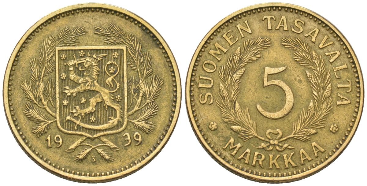 Финляндия 5 марок 1939 S KM 31 алюминиевая бронза 4589-1255