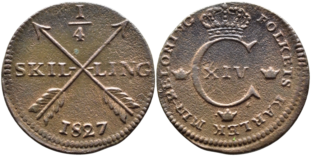 Швеция 1/4 скиллинга 1827 Карл XIV Юхан (1818-1844) KM 595 медь 4393-323