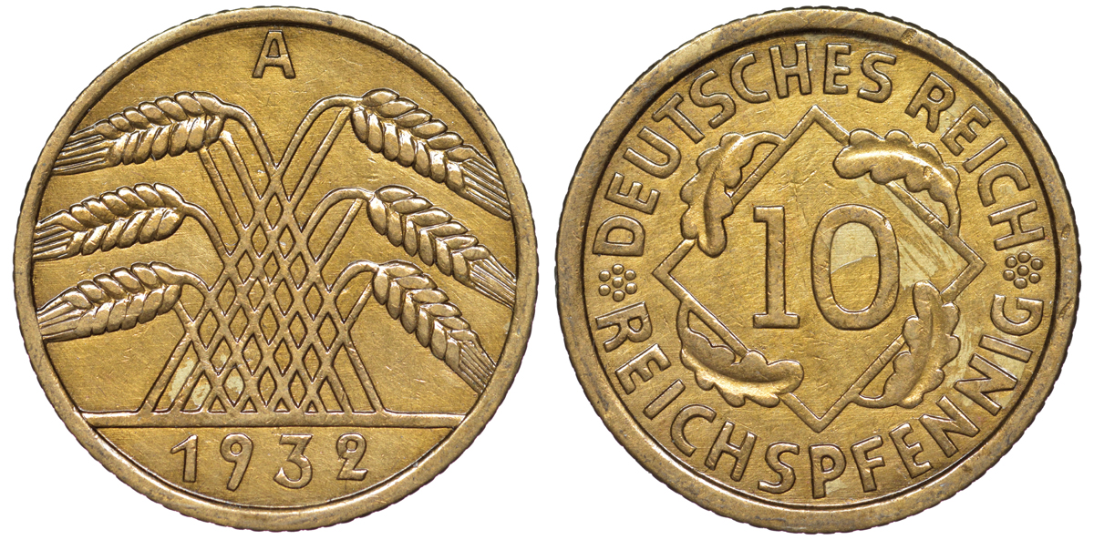 Германия 10 рейхспфеннигов 1932 A KM 40, J. 317 алюминиевая бронза 4604-716