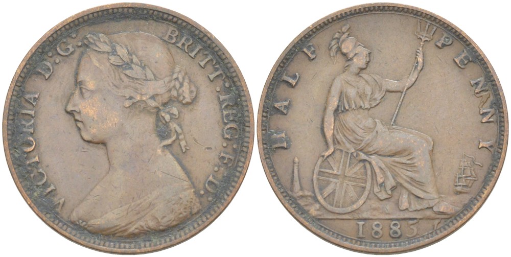 Великобритания 1/2 пенни 1885 Виктория (1837-1901) KM 754, Spink 3956 бронза 4543-1215