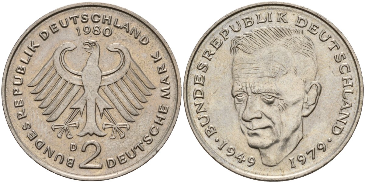 ФРГ 2 марки 1980 D, Курт Шумахер, 30 лет Федеративной Республике (1949-1979) KM 149, J. 424 медно-никель 4187-816