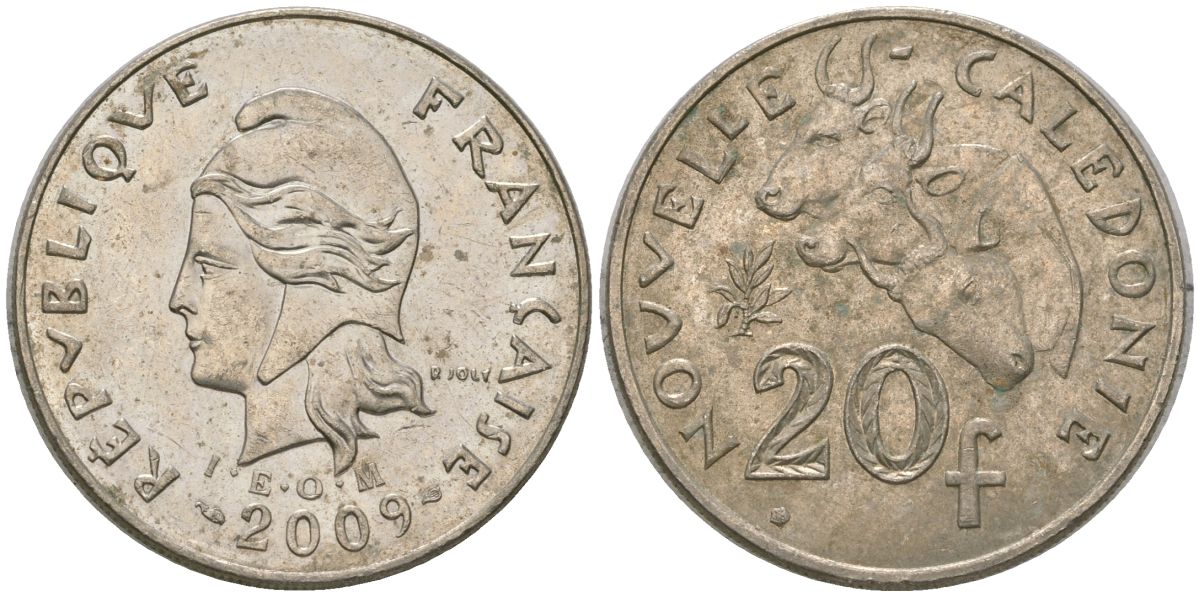 Французская Новая Каледония 20 франков 2009 три быка, (IEOM) KM 12a, Schoen 14a медно-никель 4131-1246