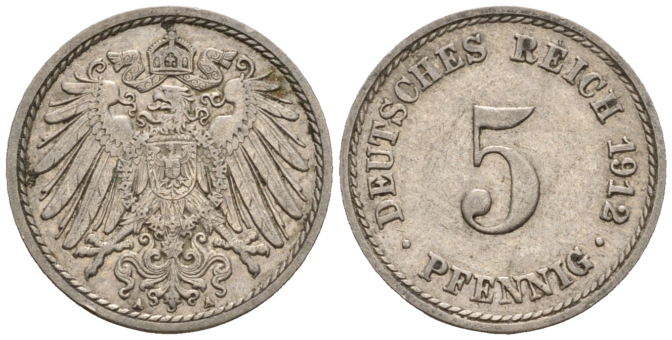Германия 5 пфеннигов 1912 A, KM 11, J. 12 медно-никель 220-642