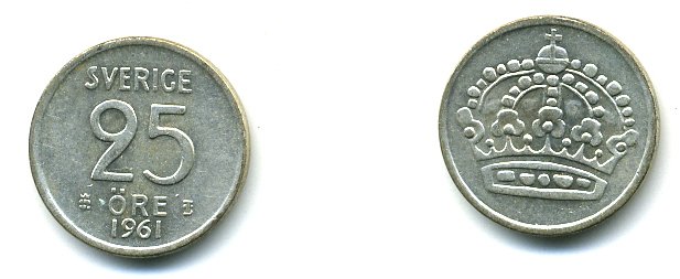 Швеция 25 эре 1961 TS, Густав VI Адольф (1950-1973) KM 824 серебро 59-325