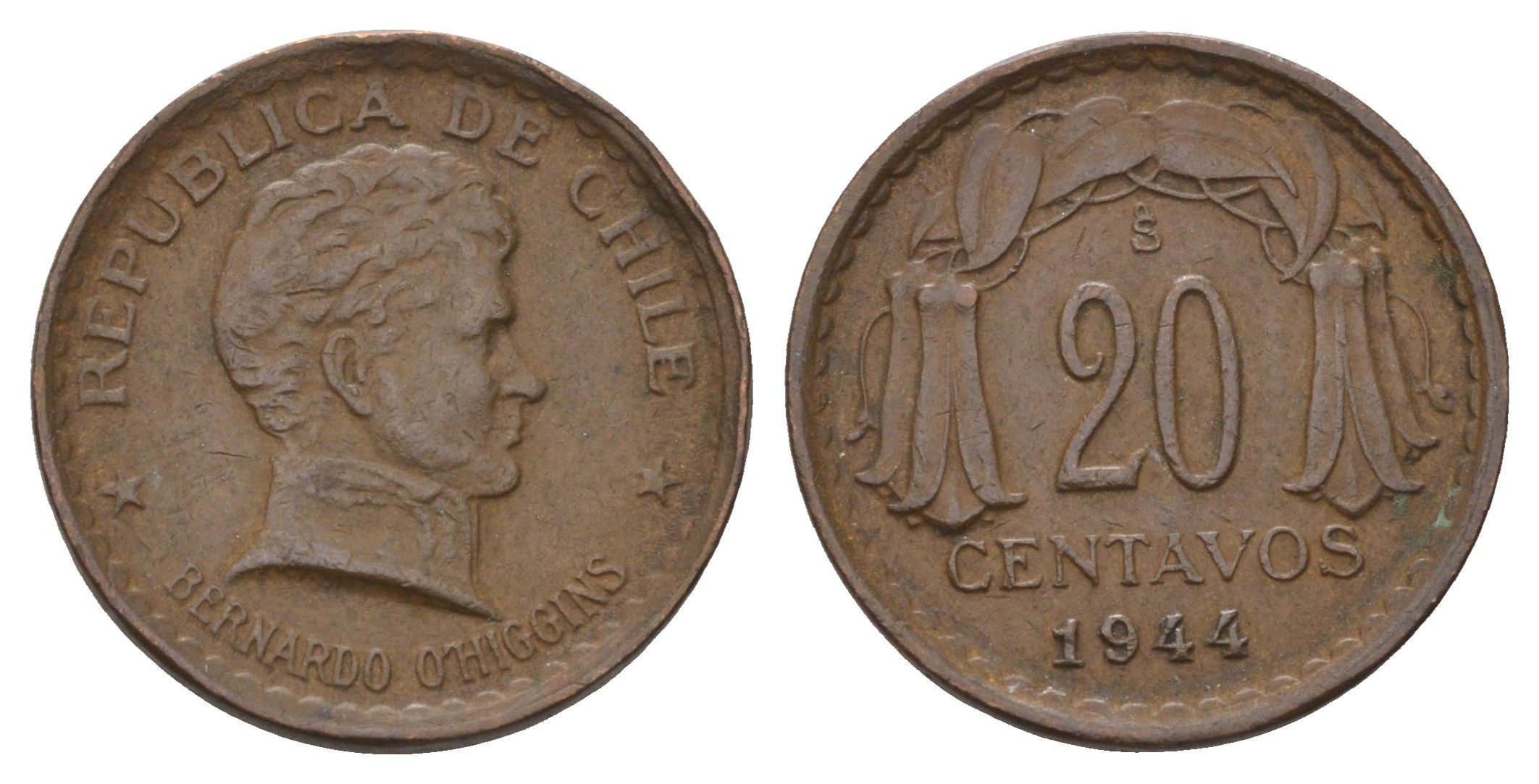 Чили 20 сентаво 1944 KM 177 медь 4580-1246