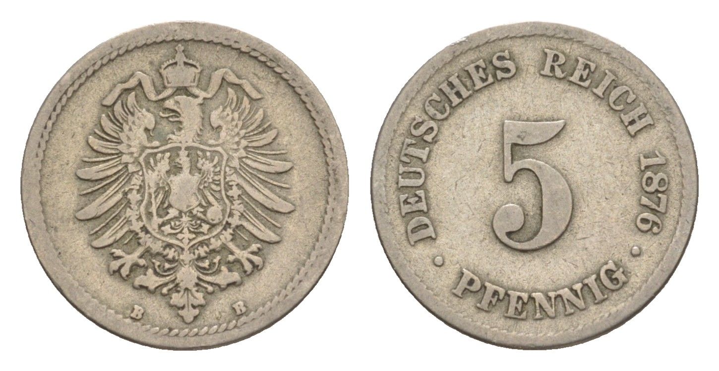 Германия 5 пфеннигов 1876 B, Вильгельм I (1871-1888) KM 3, J. 3, Weege 5 медно-никель 4639-1249