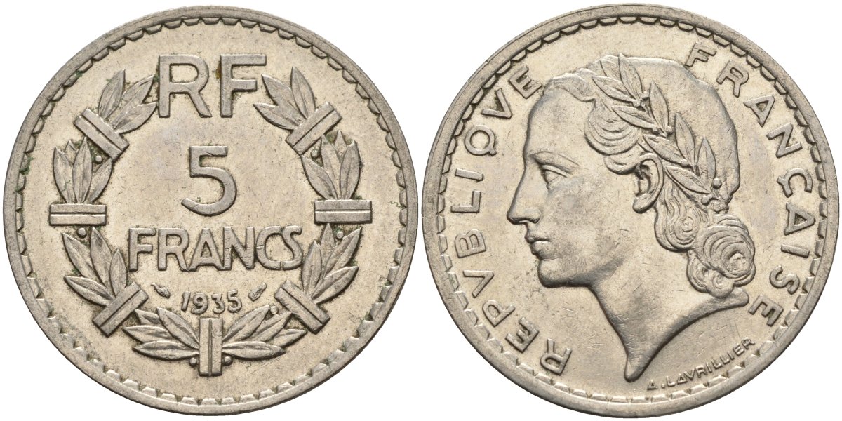 Франция 5 франков 1935 KM 888 никель 4144-415