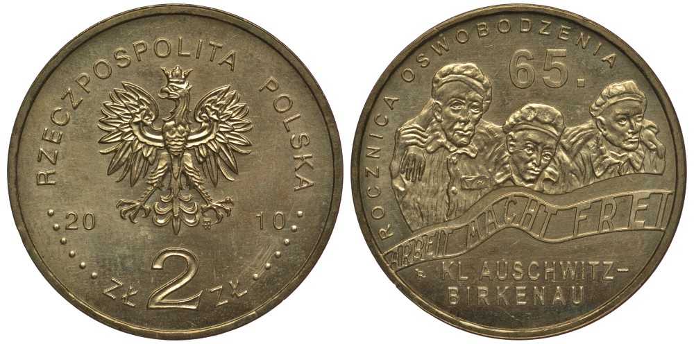 Польша 2 злотых 2010 MW, 65 лет освобождения концлагеря Аушвиц-Биркунау (Освенцим) KM 712 латунь 111-442