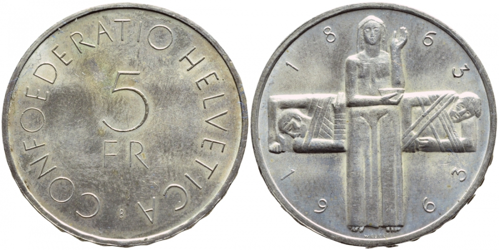 Швейцария 5 франков 1963 В, 100 лет Швейцарскому Красному Кресту KM 51 серебро 1520-1541