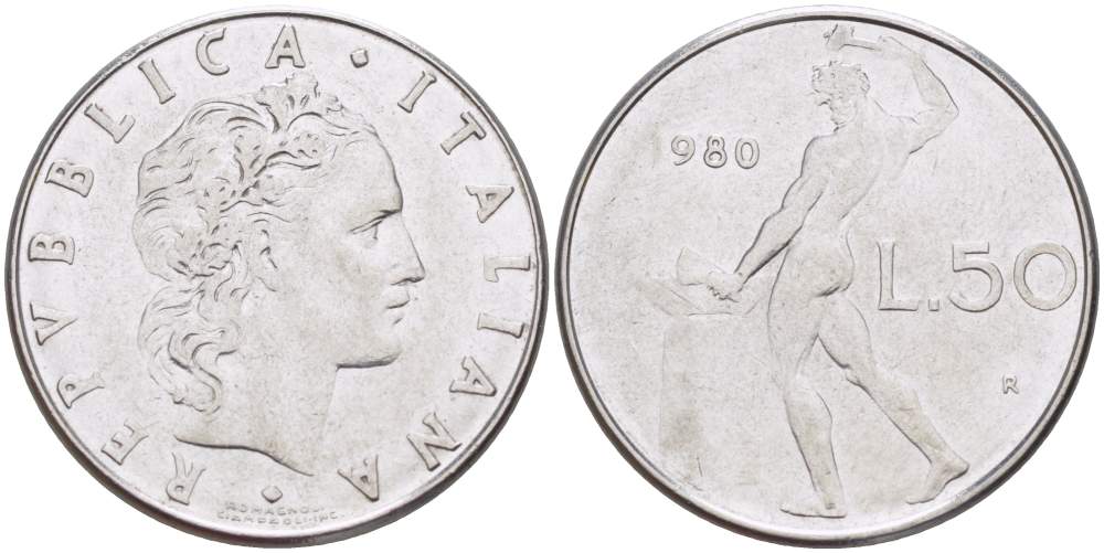 ИТАЛИЯ 50 ЛИР 1980 R, КУЗНЕЦ KM 95.1 нержавеющая сталь 4523-712