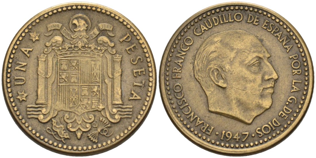 Испания 1 песета 1947 (54) Франсиско Франко (1939-1975) KM 775 алюминиевая бронза 4571-1125