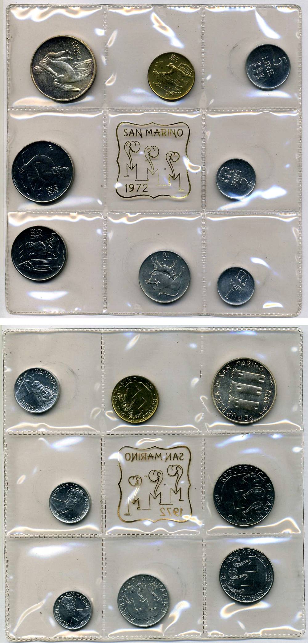 Сан-Марино годовой набор из 8 монет 1972 1, 2, 5, 10, 20, 50, 100 и 500 лир мать поднимает ребенка в воздух KM 14-21, в оригинальной пластиковой запайке серебро KM MS1 серебро UNC 3-4-5-14