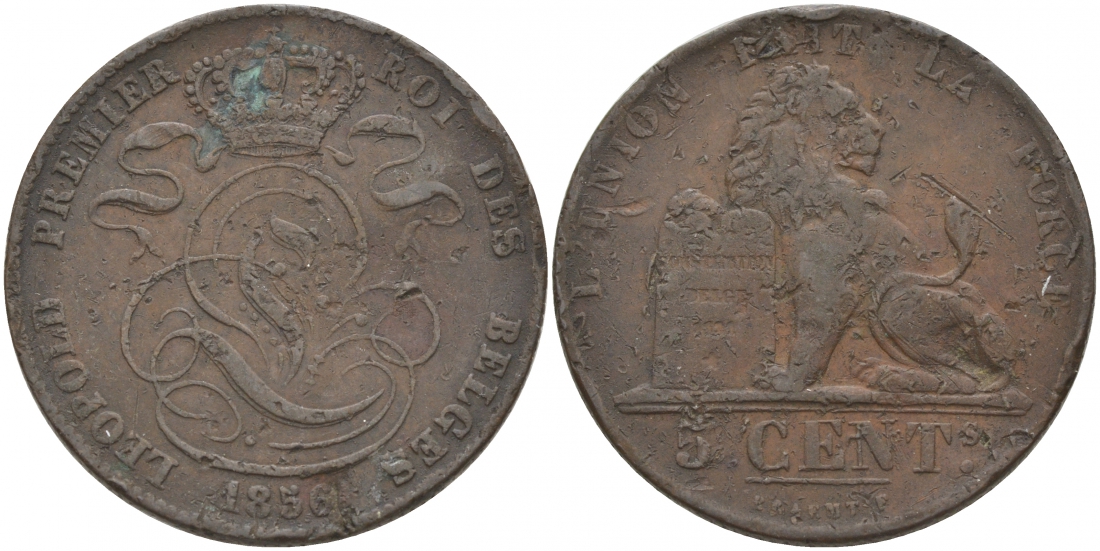 БЕЛЬГИЯ 5 САНТИМОВ 1856 BELGES KM 5.1 медь 69-942