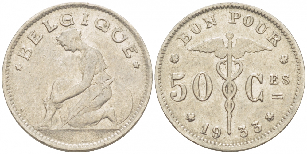БЕЛЬГИЯ 50 САНТИМОВ 1933 BELGIQUE KM 87 никель 261-1637