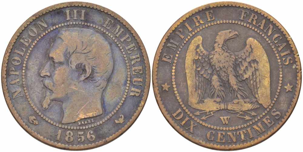 Франция 10 сантимов 1856 W, Наполеон III (1852-1870) KM 771.7, Le Franc 133.38 бронза    4680-634