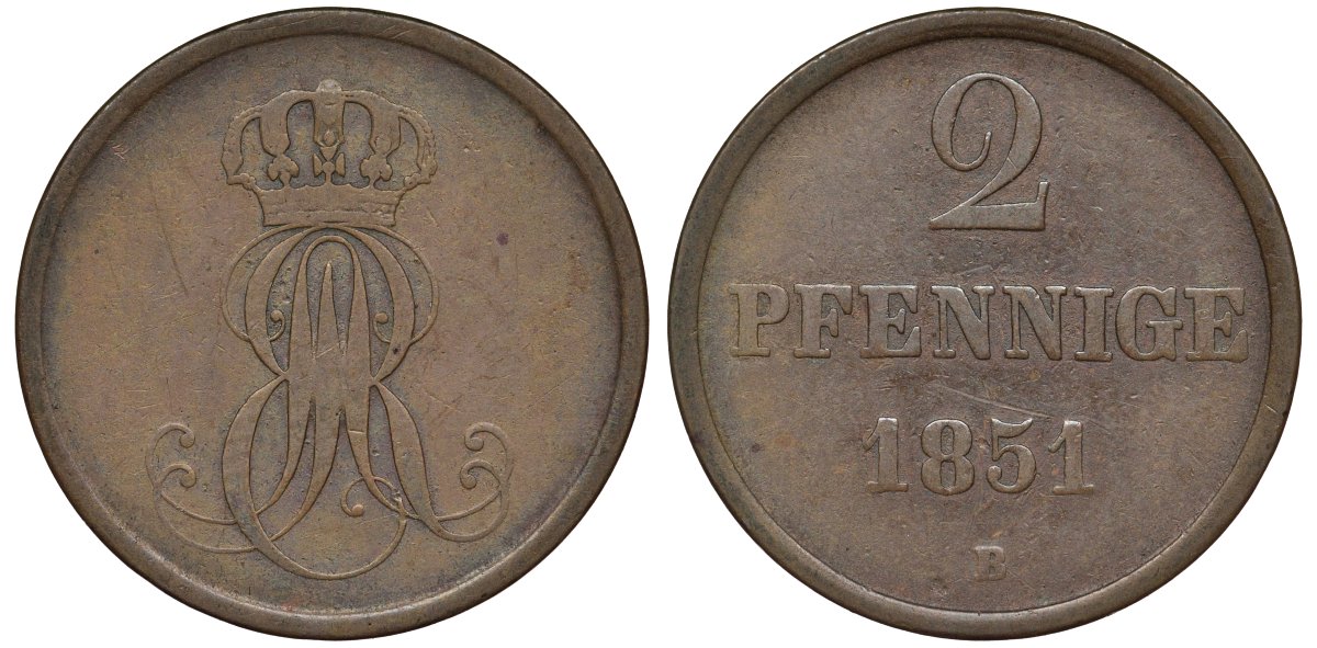 Ганновер 2 пфеннига 1851 B, Эрнст Август (1837-1851) KM 202.1, AKS 124, J. 75 медь 72-344