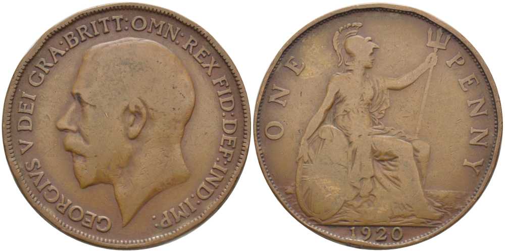 Великобритания 1 пенни 1920 Георг V (1910-1936) KM 810, Spink 4051 бронза 115-142