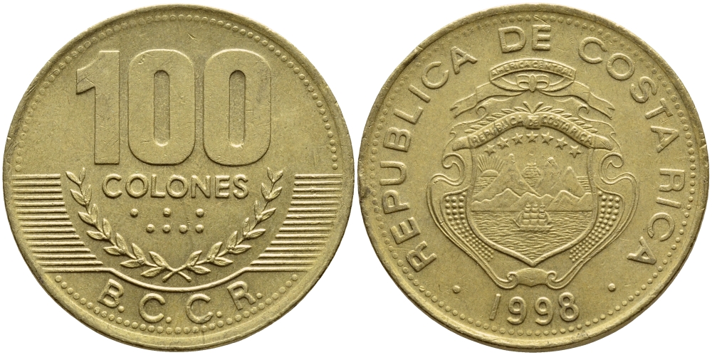 Коста-Рика 100 колон 1998 B.C.C.R. KM 230а латунь 63-927