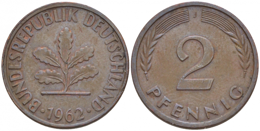 ФРГ 2 ПФЕННИГА 1962 J KM 106, J.381 бронза 4547-1137