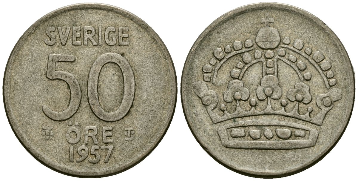 Швеция 50 эре 1957 Густав VI Адольф (1950-1973) KM 825 серебро 4177-937
