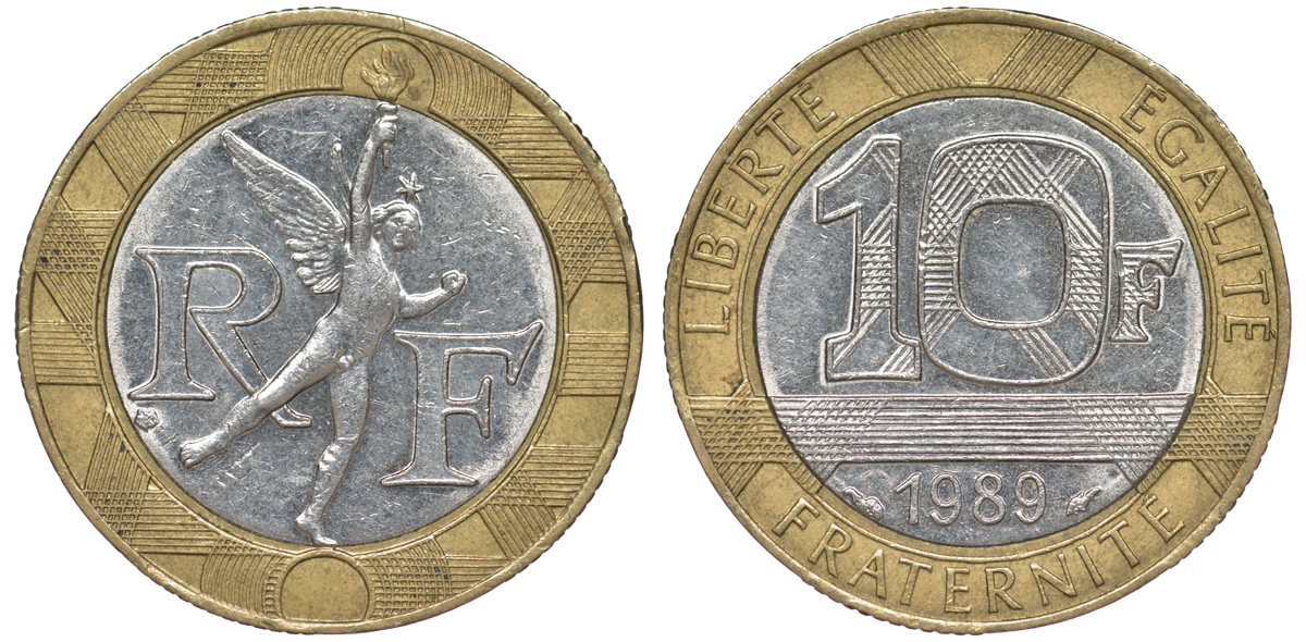 Франция 10 франков 1989 тип гений Бастилии KM 964.1, Le Franc 375.3 биметалл 45-615